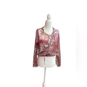 Letarte Pink Paisley Silk Long Sleeve Blouse with Lace Up Detail